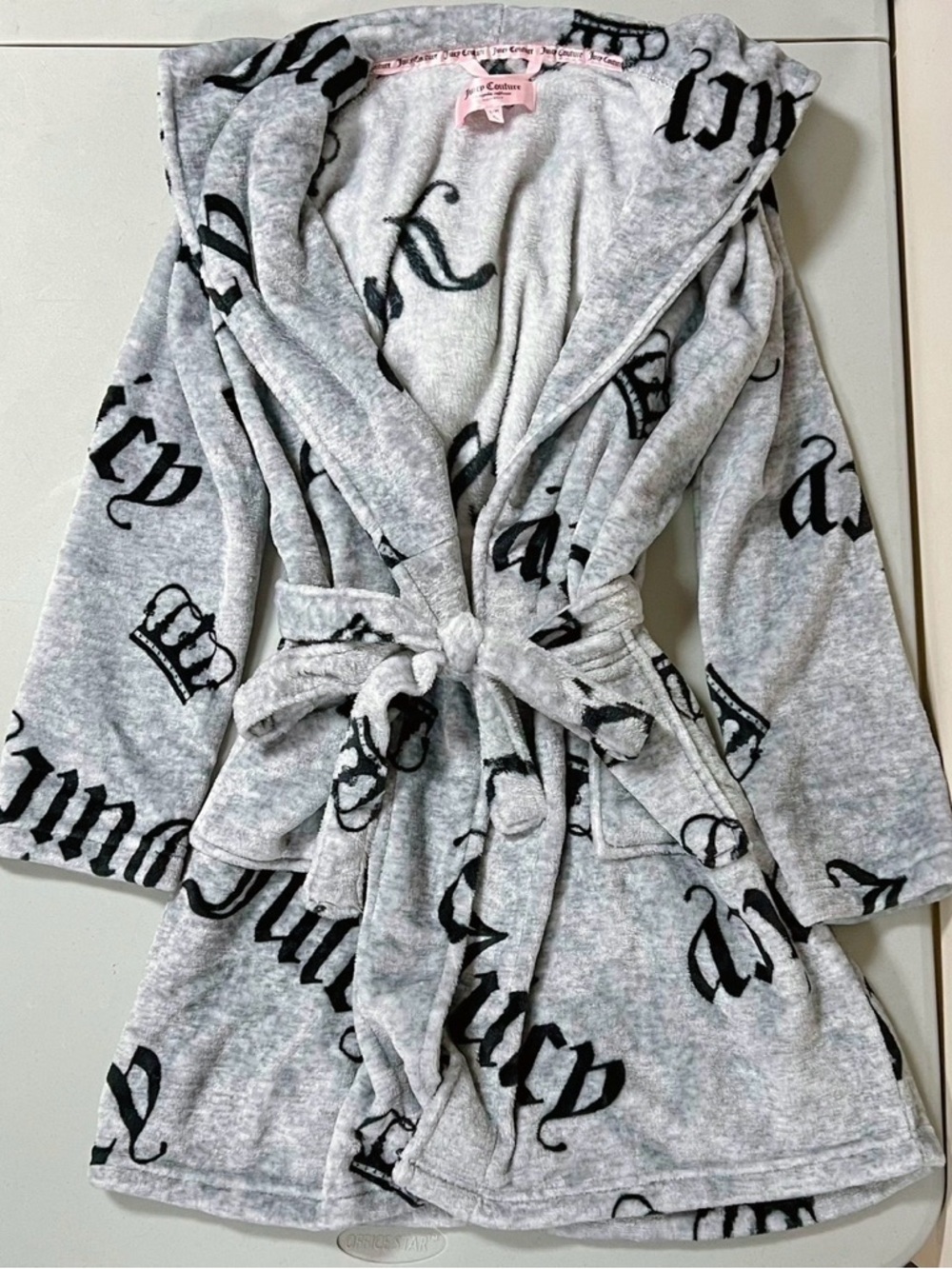 Juicy Couture Gray Logo Y2K Plush Belted Hooded Robe Bathrobe Hoodie Size S/M 👑✨
